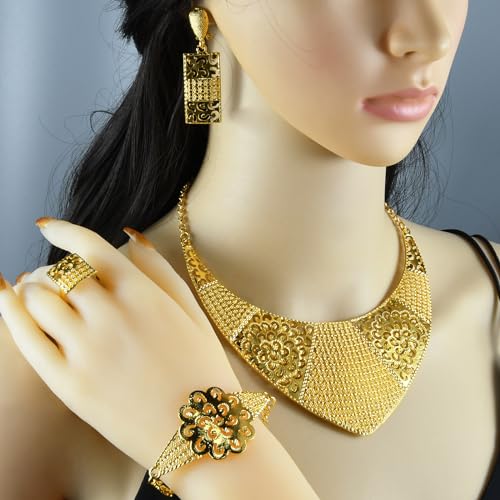 indian Women Jewelry Necklace Set african Dubai Bride Wedding Prom Fashion Jewelry 24K Gold Plated Necklace Bangles Rings Earrings - color: S-350