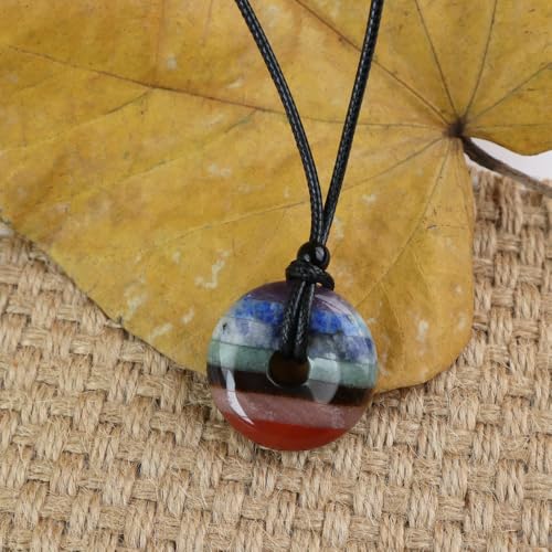 Anjiucc Natural Gemstone Pendant Necklce Lucky Coin Crystal Necklace Donut Pendnat with Adjustable Rope Healing Crystal for Men - color: 7 Chakras