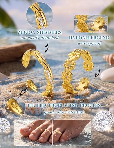 FASACCO 14K Gold Filled Toe Rings Non Tarnish Toe Rings for Women Adjustable Open Band Rings Silver Plated Toe Ring Waterproof Summer Beach Foot Jewelry 9Pcs - color: 14K Gold-CZ