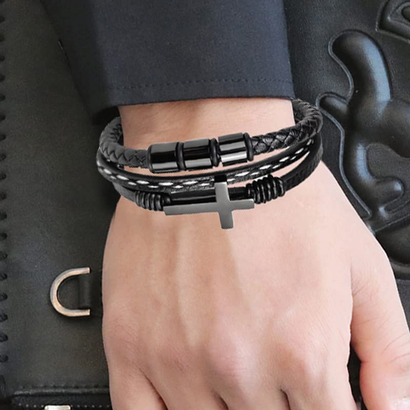 Multi-Layer Braided Leather Bracelets Mens Cross Leather Bracelet Wristband Religious Leather Bracelets Men Customized Gifts for Dad Husband Boyfriend Son - color: black, size: 7.28