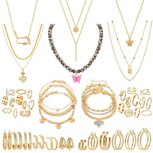 KOSMOS-LI 60 PCS Gold Plated Jewelry Sets with Costume Necklaces, Bracelets, Earrings, Knuckle Rings for Women - color: goldenJJ280K