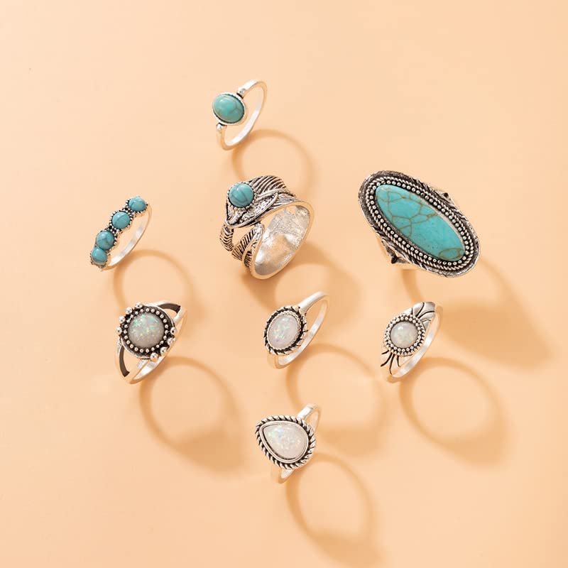 Airvess Vintage Knuckle Rings Set, Chunky Turquoise Stackable Rings, Silver Joint Finger Stacking Rings, Bohemian Western Jewelry for Women - style: 8 Pcs