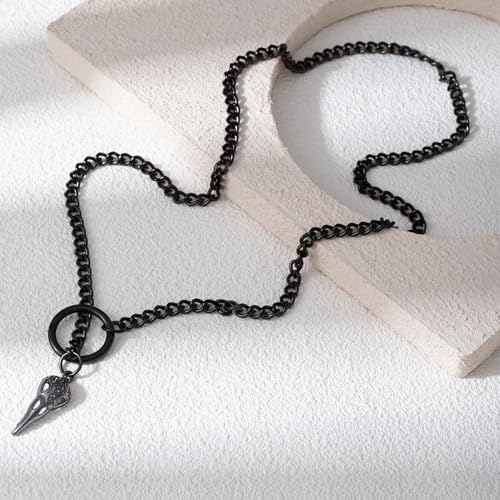 Slip Chain Necklaces for Women Stainless Steel Bar Pendant Choker Necklace Boho Handmade Long Lariat Necklace Silver Statement Punk Rock Collar Jewelry - style: layered black raven