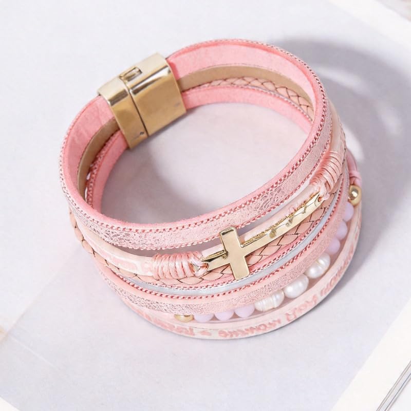 Purple Cross Leather Wrap Bracelet for Women Boho Handmade Multi Layer Cuff Crystal Beads Stackable Western Style Jewelry Gift - color: Pink Cross Leather Wrap Bracelet