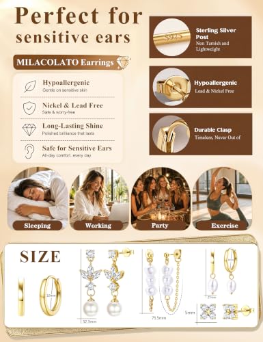 MILACOLATO 5 Pairs 925 Sterling Silver Earrings for Women Trendy Ear Stacks | 14K Gold Plated Stud Huggie Hoop Earrings Set Hypoallergenic CZ Pearl Dangle Earring Prom Bridal Bridesmaids Wedding Jewelry - color: Gold - Pearl Studs & Hoop Hoops & CZ Studs