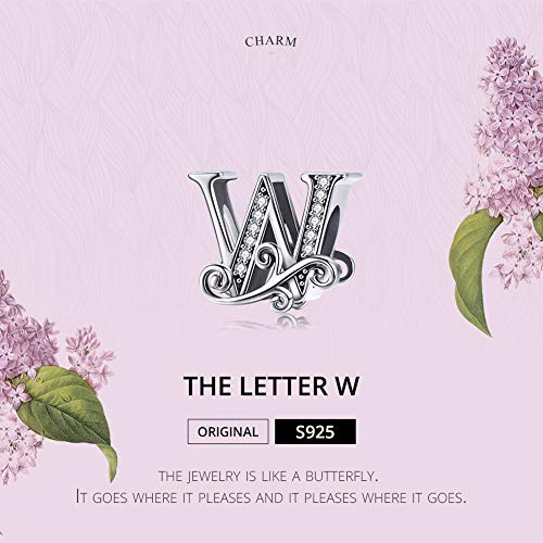 BISAER 925 Sterling Silver Initial Letter A-Z Charms for Bracelets Alphabet Beads Charm Jewelry Gifts - color: Letter W