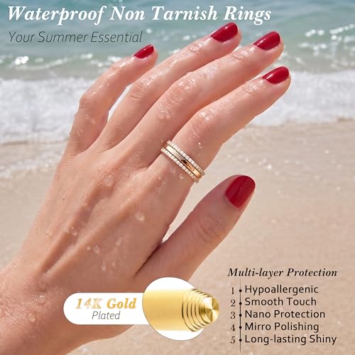 Purplepig Stackable Rings Non Tarnish, Two Tone CZ Eternity Band Set | 14K Gold & 925 Sterling Silver Plated, Waterproof, Wedding/Engagement/Promise Rings, Smart Ring Stackable Bands, Size 4-11 - color: Gold