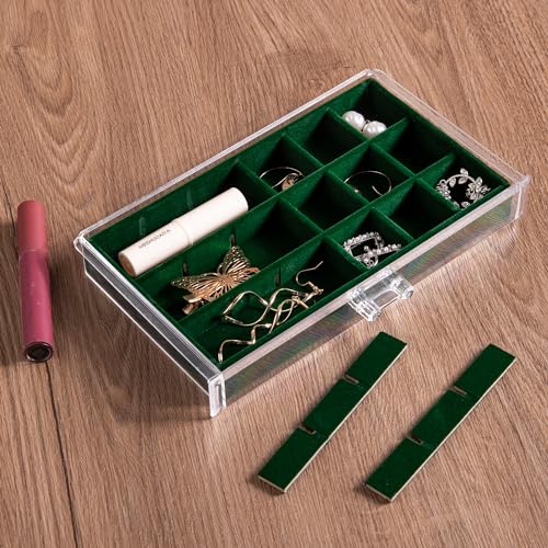 Acrylic Jewelry Organizer Earring Organizer Box with 5 Drawers Earring Holder Organizer with Velvet Trays Clear Jewelry Box for Women Earring Display for Rings Studs(Blackish Green) | 61 Jewelry Storage Grid for Rings Studs Bracelet,Velvet Lining,Transpar