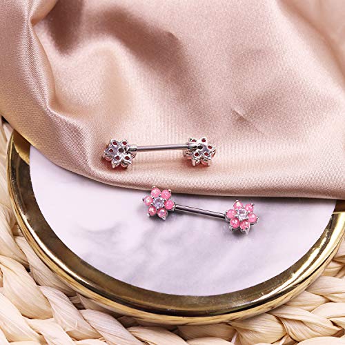 14G Opal Flower CZ Nipple Barbell Nipple Ring Piercing Jewelry for Women - color: pink