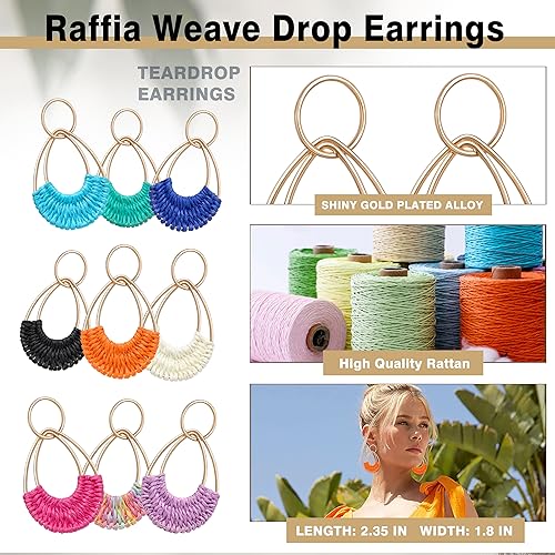 Raffia Hoop Earrings for Women Fun Boho Summer Beach Earrings Lightweight Handmade Straw Wicker Rattan Dangle Earrings Statement Geometric Round Drop Earrings - color: 4th of July Earrings - Teardrop