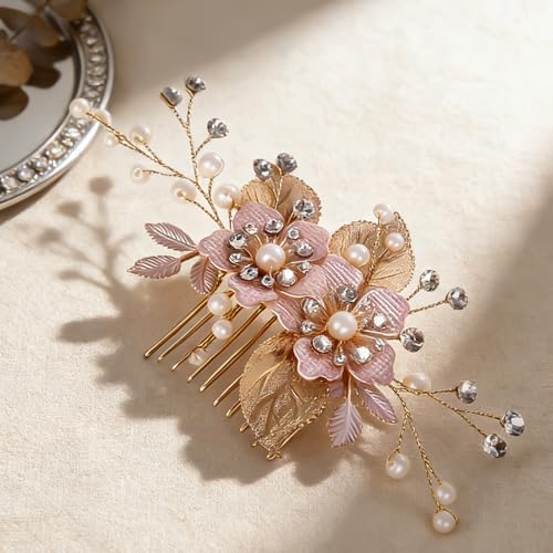 Flower Leaf Design Wedding Hair Comb, Metal Bridal Hair Accessory with Rhinestone, Wedding Prom Hair Clip Headpiece for Women (Gold Flower Leaf) - color: Gold Flower Leaf
