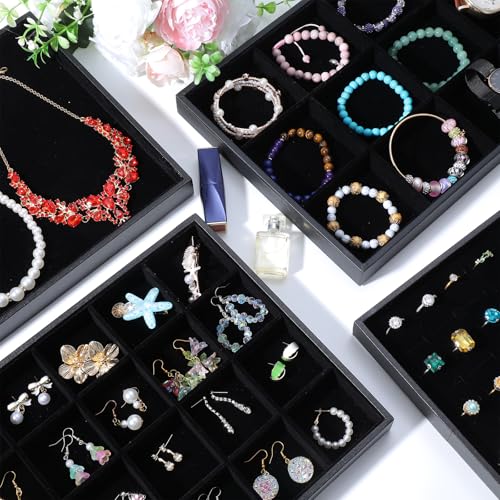 4 Pcs Jewelry Organizer Tray, Stackable Velvet Jewelry Trays, Drawer Inserts Earring Organizer For Women Jewelrys Storage Display Case for Rings Stud Necklaces