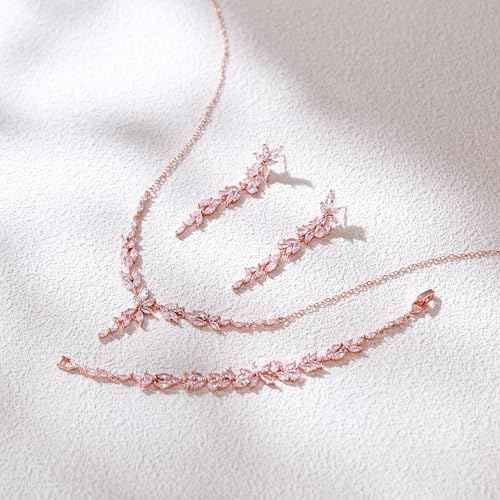 Crysdue Wedding Jewelry Set for Brides Bridesmaid, Cubic Zirconia Teardrop Marquise Leaf Cluster Pendant Necklace Bridal Tennis Bracelet Drop Earrings for Women Party Prom - style: C- Marquise CZ-rose gold