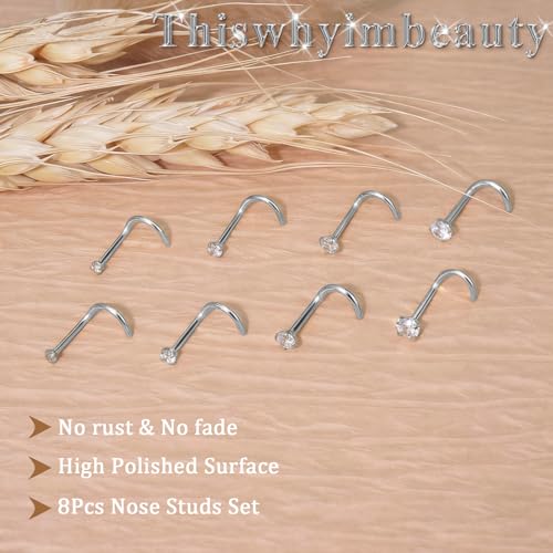 15PCS 14K Gold Plated Nose Rings Studs Set for New Piercing Beginners - color: 8pcs/Screw/20G/Silver