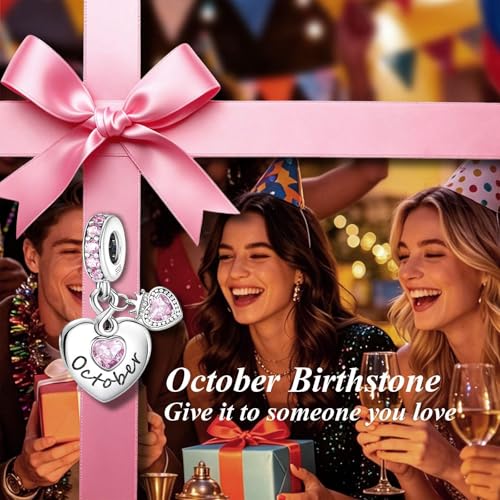 BLUELUNE Birthstone Charms, 925 Sterling Silver Dangle Charm with 5A Cubic Zirconia for Bracelets or Necklaces, Birthday, Mother's Day Present for Women - color: October