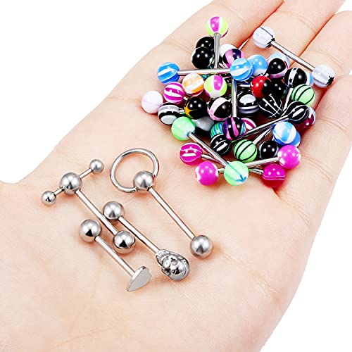 14G Silver/Rose-Gold/Rainbow Tongue Rings Piercing Jewelry for Women Men Work Surgical Steel Metal Tounge Barbell Acrylic Balls Set 29pcs - color: Silver-Tone
