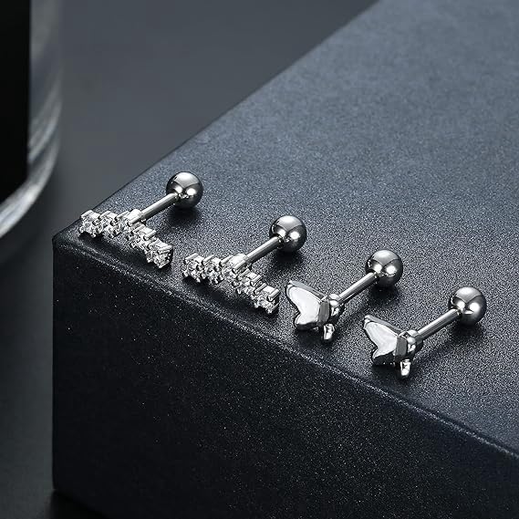 10 Pairs 3mm CZ Stud Earrings Stainless Steel Ball Stud Earrings Barbell Cartilage Flatback Earrings Set for Women Men Helix Piercing Jewelry Silver Gold Rose Gold Black Rainbow - color: Silver Butterfly - 2Pcs