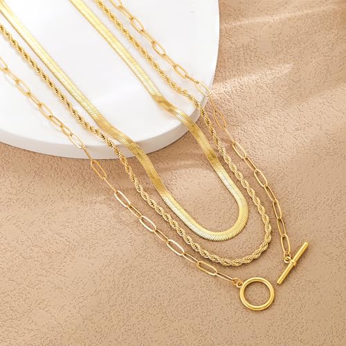 Freekiss 3-Piece Layered Toggle Necklace for Women | Gold/Silver necklace set with herringbone, rope, and paperclip chains plus a toggle clasp for layering, parties, and gifts - color: 3-Layered Paperclip Gold