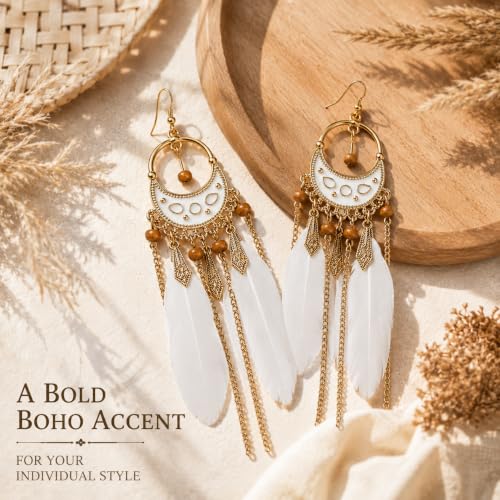 Boho White Feather Earrings for Women, Long Chain Chandelier Dangle Jewelry | Boho White Feather Earrings for Women, Long Chain Chandelier Dangle Statement Earrings for Beach Vacation, Festival and Party