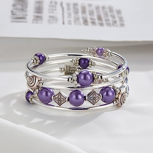 Beaded Pearl Bangle Wrap Bracelet - Fashion Bohemian Jewelry Multilayer Charm Bracelet with Thick Silver Metal Beads, Gift For Women - color: Purple pearl