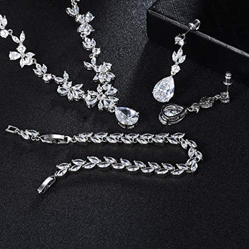 Jewelry Set for Women, Necklace Dangle Earrings Bracelet Set with White AAA Cubic Zirconia, Allergy Free Wedding Party Jewelry for Bridal Bridesmaid - color: Necklace + Earrings + Bracelet