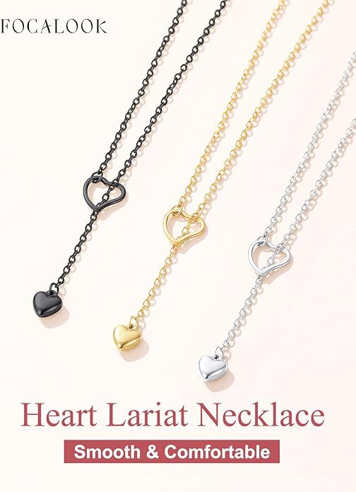 FOCALOOK Heart Lariat Necklaces for Women, Long Slip Chain Necklace | Hypoallergenic 316L Stainless Steel Silver/Black/Gold Plated, Front Slider Closure, Non Tarnish, Layered look, Everyday Wear - color: 03:Gold Heart
