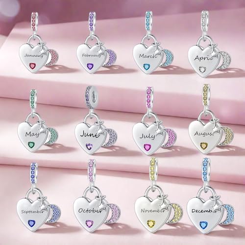12 Months Birthstone Heart Charm Moon and Star Pendant Bead Compatible with Pandora Bracelet Women - style: May