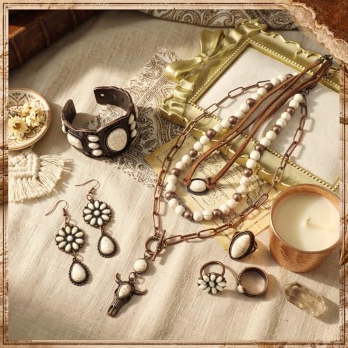 Ecally Bohemian Western Jewelry Turquoise Set Women Country Pendant Long Choker Layered Bracelets Earrings Ring for Women - color: White, style: Retro