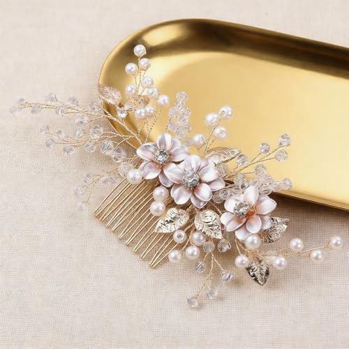 Flower Leaf Design Wedding Hair Comb, Metal Bridal Hair Accessory with Rhinestone, Wedding Prom Hair Clip Headpiece for Women (Gold Flower) - color: Gold Flower
