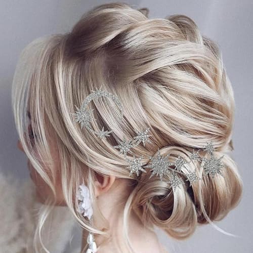5 Pcs Celestial Crystal Bridal Hair Pins Set, Star & Moon Rhinestone Hair Accessories for Wedding, Goddess-Style Hair Pieces for Women(Silver) - color: Silver