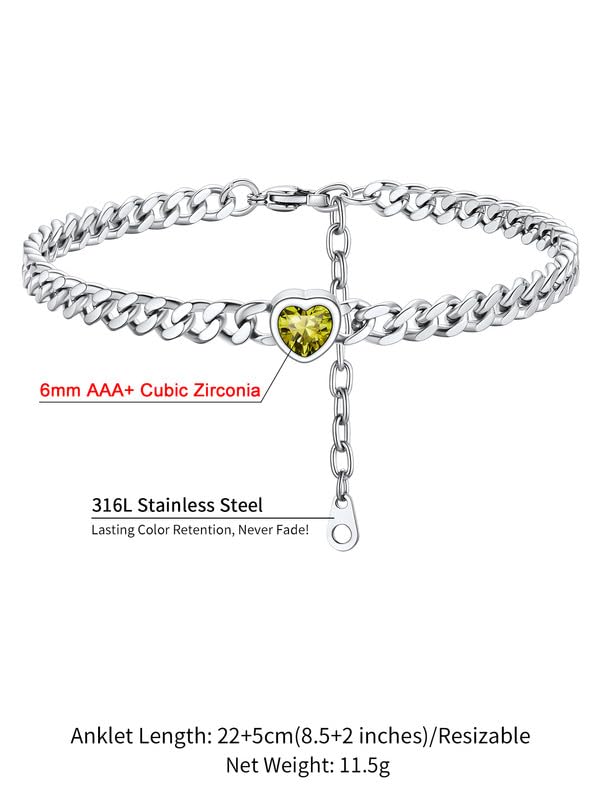 ChainsHouse Cuban Chain Anklets for Women with Heart Birthstone Jan - Dec | Stainless Steel Black Link Chain Ankle Bracelet with Birthstone, Beach Women Anklet 22cm-27cm Adjustable, with Gift Box - color: 08. Aug.-Peridot-Steel