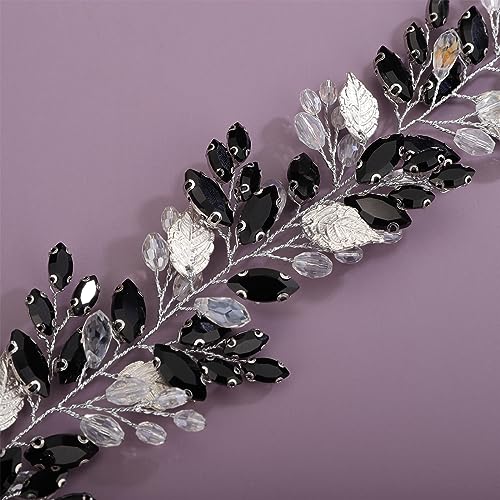 Kercisbeauty Silver Leaves Black Crystal Beads Headpiece for Women Wedding Bridal Hair Jewelry Boho Handmade Headband Prom (Silver) - color: Silver