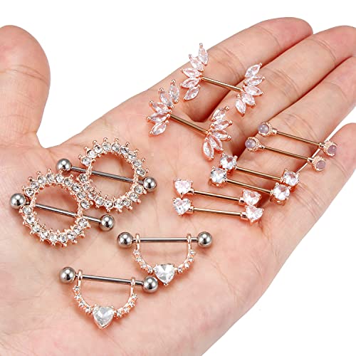 Lcolyoli 14G Surgical Steel Nipple Rings for Women Nipple Shield Barbell Ring Bar Nipple Piercing Jewelry Clear Diamond CZ Set - color: 14g-6 pairs-rose gold