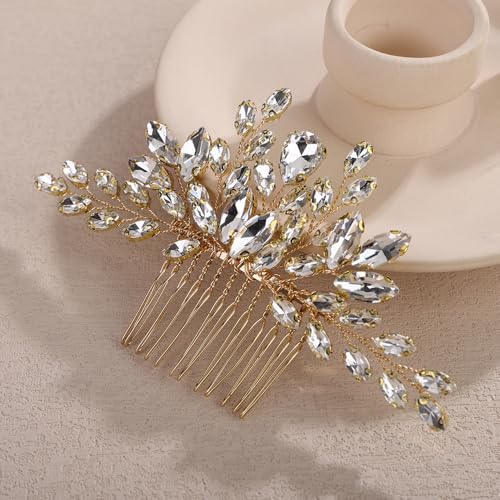 Teyglen Gold Crystal Wedding Hair Comb Full Rhinestone Hair Side Comb for Bride Wedding Headpiece Gold Teardrop Crystal Hair Piece Hair Accessories for Women Party Prom(Gold) - color: Gold