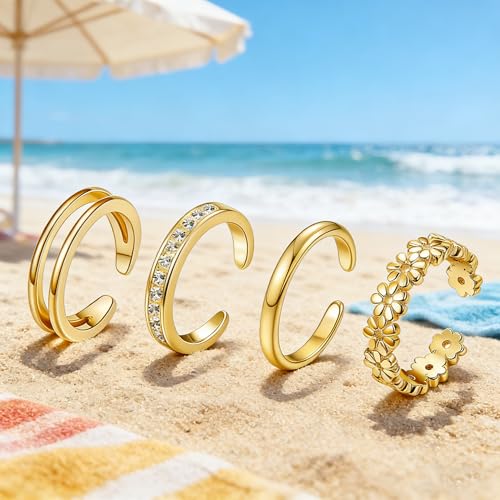 14K Gold Filled Toe Rings for Women | Silver Toe Rings, Open Toe Rings, Adjustable, Summer Beach Foot Jewelry - color: Gold
