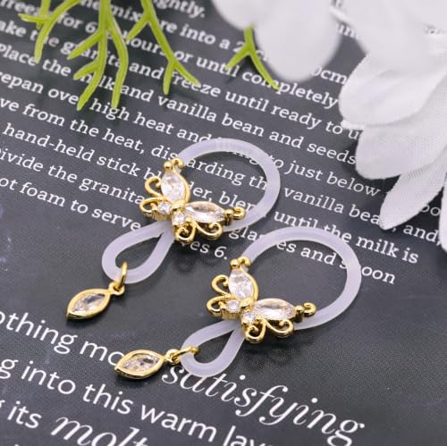 2 Pcs Butterfly Fake Nipple Rings for Women, CZ Nipple Noose Nipple Jewelry Non Piercing Dangle Nipple Ring, Non Pierced Nipple Body Jewelry - color: gold
