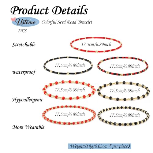 Colorful Stackable Rice Small Mini Seed Beaded Bracelets Set For Women, Handmade Dainty Boho Gold Glass Stretch Accessories Jewelry,Summer Beach Party Daily Friendship Gift - color: 8Pcs Black Red