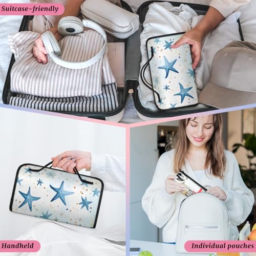 Blue Starfish Hanging Roll Up Cosmetic Bag with 4 Removable Storage Bags Waterproof Foldable Toiletry Kit for Women - color: Multicolor 8