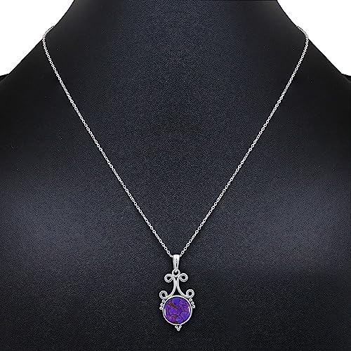 Natural Round Gemstone Pendant Necklace for Women, 925 Sterling Silver | Solitaire Birthstone Jewelry With 18 Inch Chain, Handmade Semi Precious Stone Pendant, Jewelry Gift for Mom, Wife & Sister - color: Purple Copper Turquoise