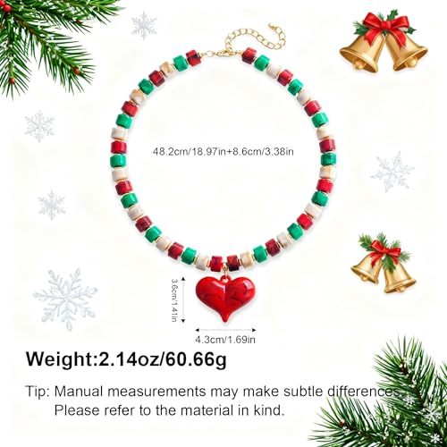 YUJIE Chunky Heart Pendant Necklace for Women- Exaggerated Statement Puff Heart Necklace with Acrylic Beaded Chain - color: christmas