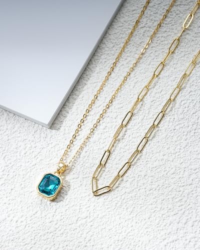 Gold Layered Necklaces for Women, 18k Gold Plated Crystal Necklace Paperclip Choker Emerald Green Jewelry for Women Gifts - color: Sea Blue