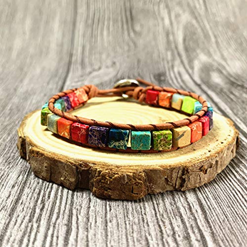 7 Chakra Bracelet Bohemian Handmade Leather Wrap Healing Protection Natural Stone Yoga Beaded Bracelets Boho Friendship Jewelry - color: Chakra 4