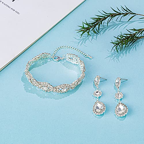 Paxuan Silver/Gold Plated Bridal Wedding Rhinestone Earrings Bracelet Set for Wedding Brides Bridesmaids Crystal Stone Dangle Drop Earrings Link Tennis Bracelet Set for Women Wedding - color: Bracelet and Earrings Set
