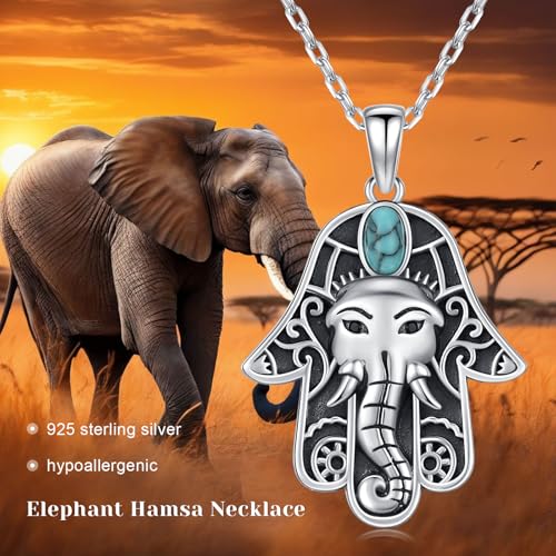 Hamsa Necklace 925 Sterling Silver Evil Eye/Lotus Flower/Star of David/Chai/Yin Yang Hamsa Hand Pendant Jewelry Hand of Fatima Gifts for Women - style: Hamsa Elephant