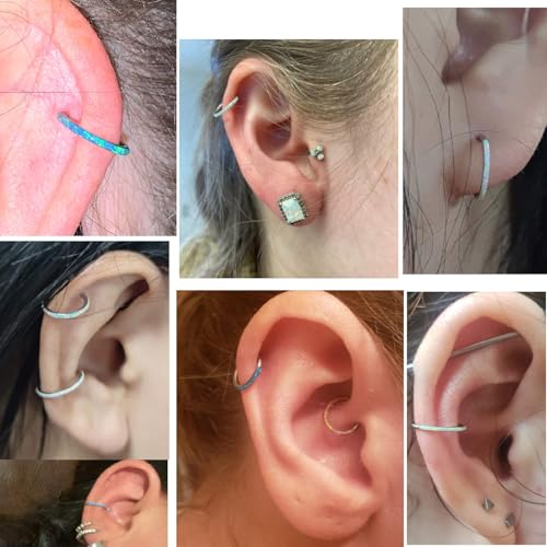 PEAKLINK Hinged Nose Hoop Ring Surgical Steel Conch Cartilage Helix Lobe Earring for Septum Lip Tragus Daith Rook Orbital Belly Nose Piercing Jewelry - color: Silver with White Opal