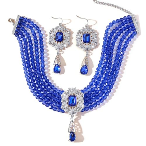 Missgrace Women Silver Black Green Red Rhinestone Crystal Tassels Bridal Necklace Earrings Sets Teardrop Necklace Dangle Earrings Set for Wedding Brides Bridesmaid - color: Blue