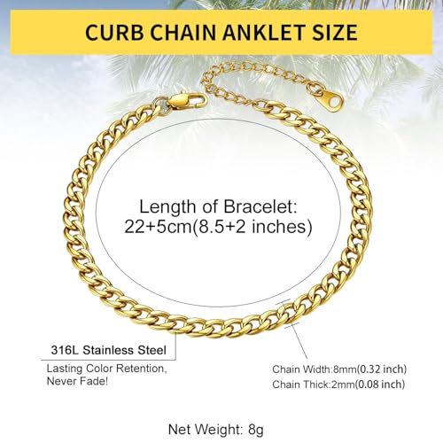 ChainsHouse Ankle Bracelets for Women, Stainless Steel Beaded Chain Ankle Bracelet, Womens Heart Anklets for Summer Beach Jewelry Gifts - color: C: cuban-5mm-gold