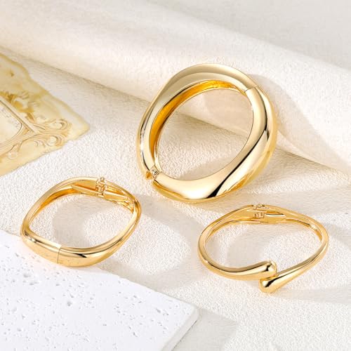 IFKM Gold Chain Bracelets Set for Women, 14K Gold Plated Multiple Layered Stackable Open Cuff Bangle Bracelet Anklet Bracelets Adjustable Link Tennis Beads Italian Cuban Jewelry for Women Gift - style: 3pcs Chunky Gold 1