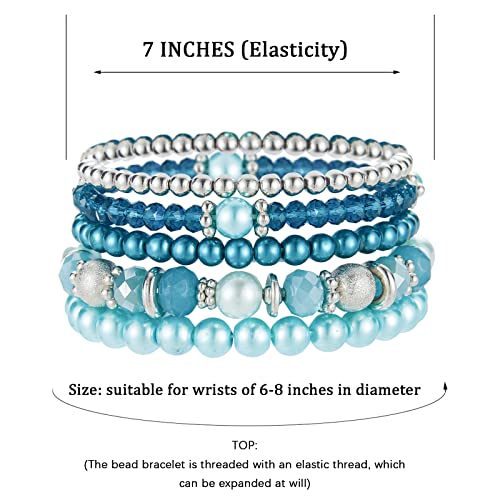 Noessla Beaded Pearl Stretch Bracelet Silver Stackable Crystal Beads Bracelets Trendy Costume Jewelry Mothers Day Gifts for Women - color: Turquoise