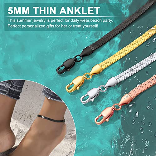GoldChic Adjustbale Link Chain Anklet for Women Summer Jewelry, 316L Stainless Steel Figaro/Wheat/Twist Rope/Cuban Foot Bracelet-Waterproof, Resizable 9"-12" (Gift Box Included) - color: 6, Herringbone - Black-5mm
